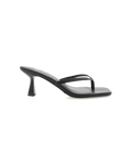Women's black leather mid-heel thong sandal with square toe and low flared heel, side profile.