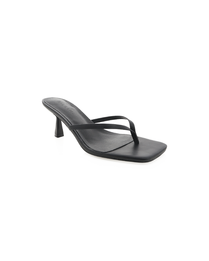 Black square-toe heeled thong sandal with low curved heel, leather upper; insole embossed BILLINI