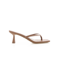 Tan leather heeled thong sandal, square toe and flared mid-heel, side profile on white background.