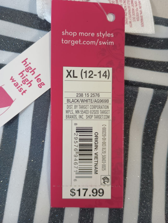 Xhilaration XL Black White Striped Glitter Swim Bikini Bottoms Hygenic Liner