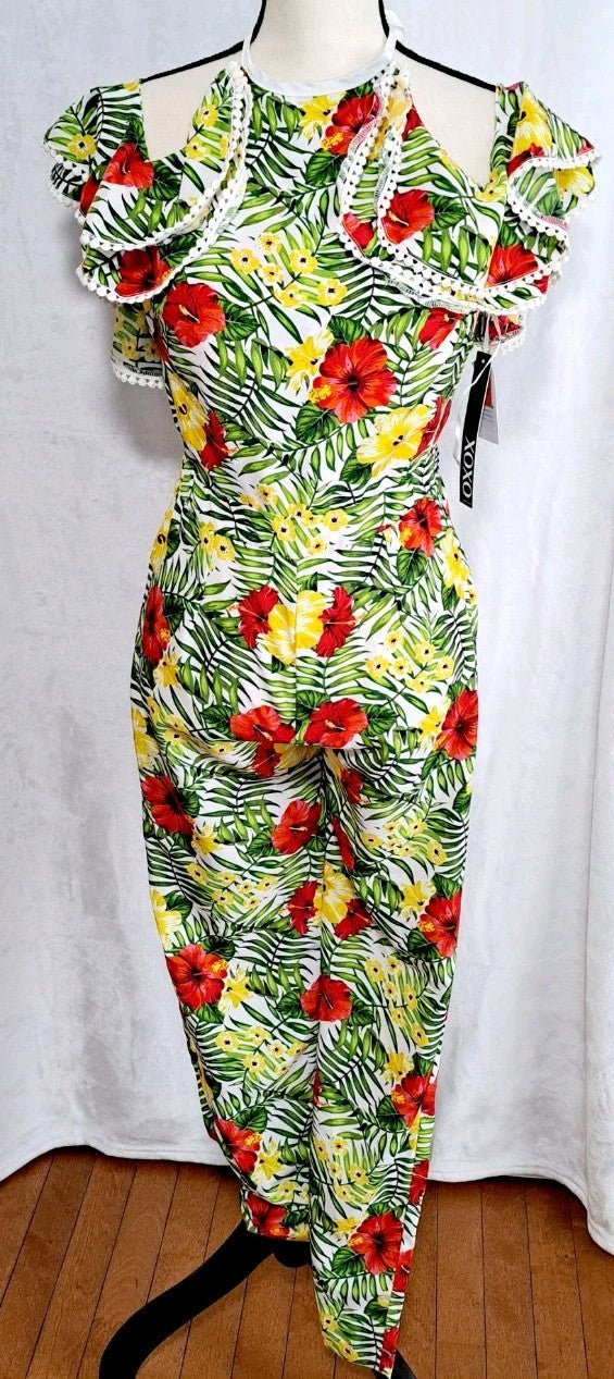 Xoxo Tropical Jumpsuit Halter Ruffle Sleeve Colorful