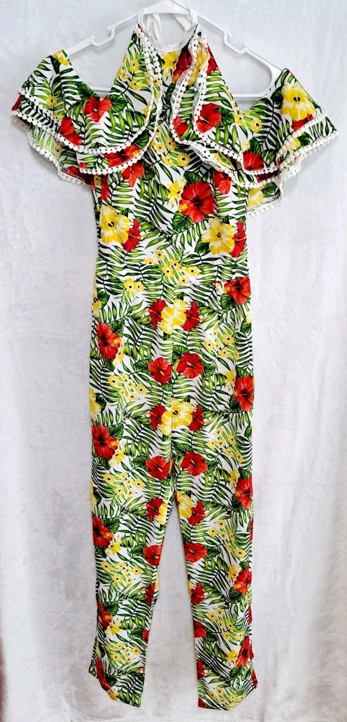 Xoxo Tropical Jumpsuit Halter Ruffle Sleeve Colorful