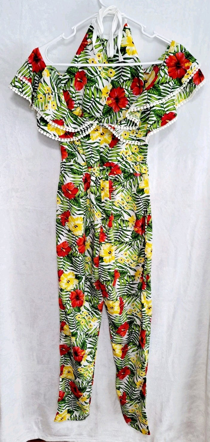 Xoxo Tropical Jumpsuit Halter Ruffle Sleeve Colorful