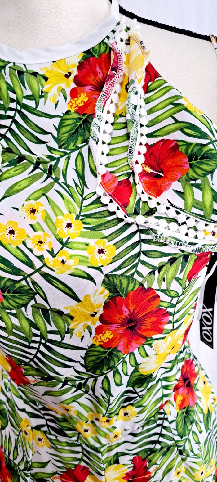 Xoxo Tropical Jumpsuit Halter Ruffle Sleeve Colorful