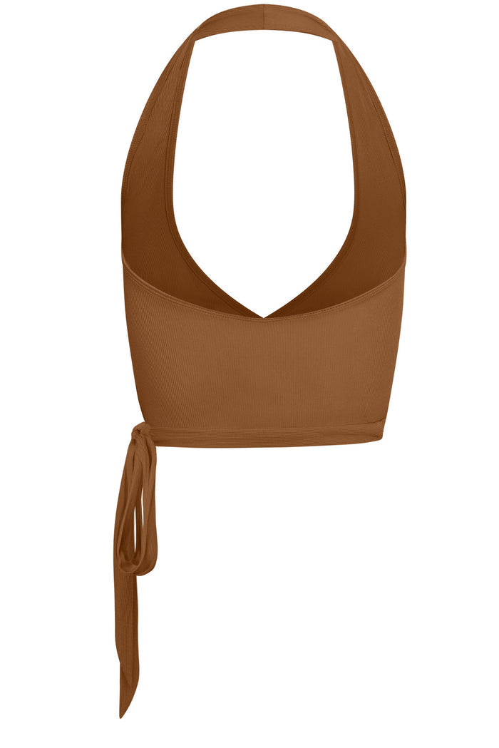 Front of Yosemite Sleeveless Top in caramel rib with halter neckline, side keyhole and long ties on white background