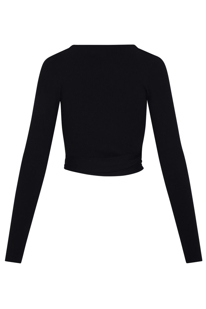 Back view, black ribbed long-sleeve cropped wrap top