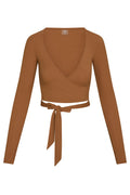 Front view of Yosemite Top in Caramel Lightweight Rib showcasing V-neck wrap style, long sleeves and tied waist on white background