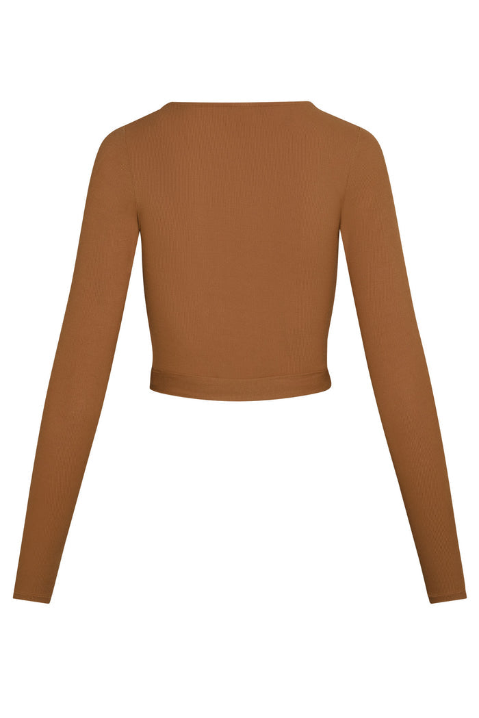 Back view of Yosemite Top in Caramel rib showing long sleeves, cropped hem, and ribbed texture on white background