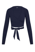 Front view of Yosemite Top in midnight thin rib, V-wrap with waist tie and long sleeves with thumb holes on white background