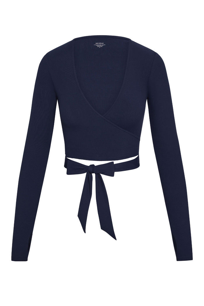 Front view of Yosemite Top in midnight thin rib, V-wrap with waist tie and long sleeves with thumb holes on white background