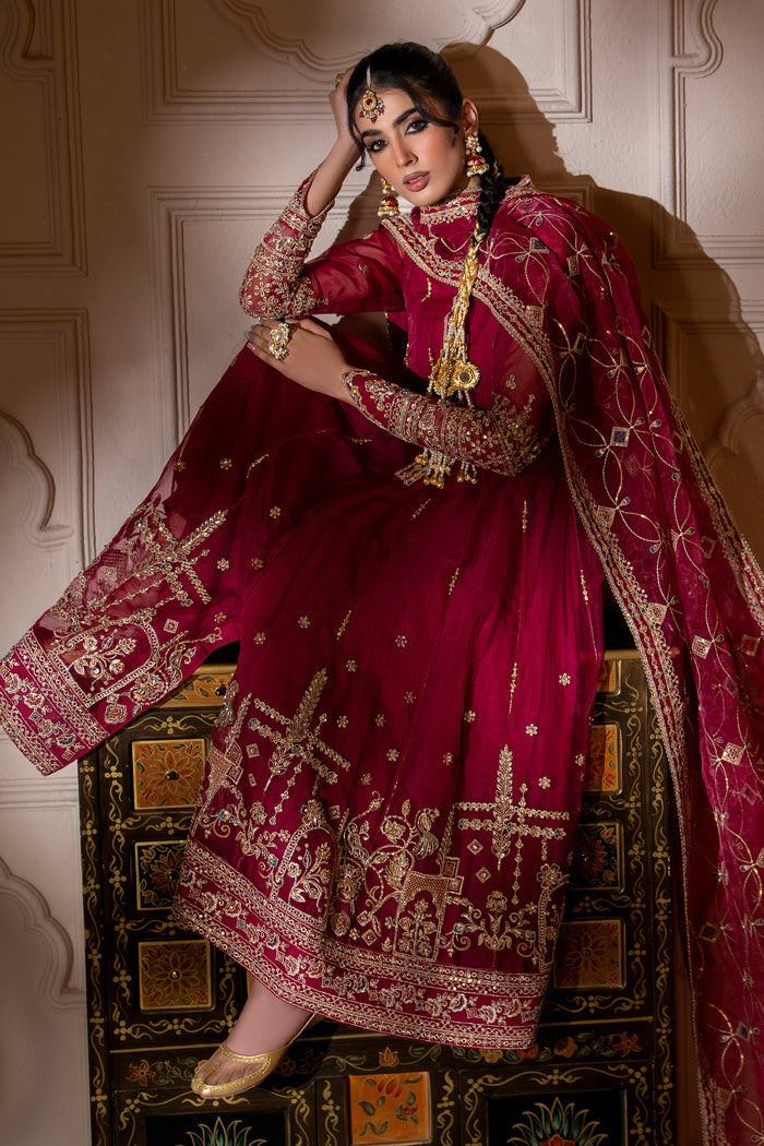 Model wearing full Naqshi Zaafia 3PC set: magenta organza paneled frock, plain PK raw‑silk pants & embroidered dupatta styled for semi‑formal occasions.