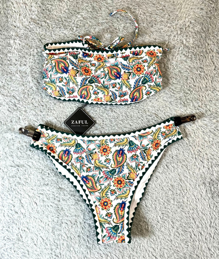 Zaful Womens Multicolor Floral Print Bikini Set with Scalloped Edges