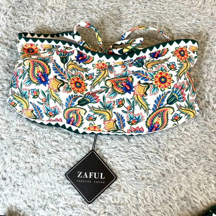 Zaful Womens Multicolor Floral Print Bikini Set with Scalloped Edges