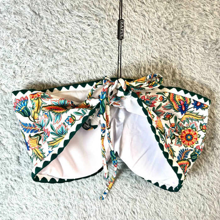 Zaful Womens Multicolor Floral Print Bikini Set with Scalloped Edges