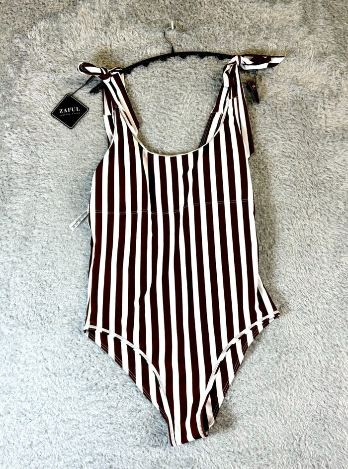 Zaful Women's White & Black Striped One Piece Swimsuit