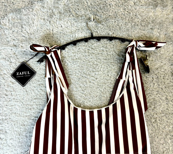 Zaful Women's White & Black Striped One Piece Swimsuit