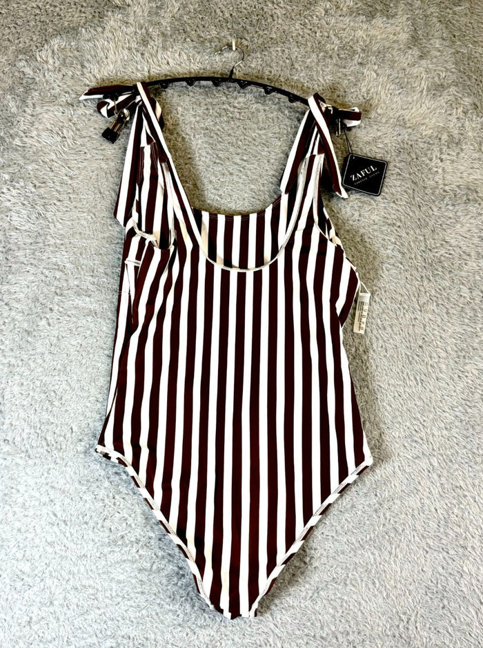 Zaful Women's White & Black Striped One Piece Swimsuit