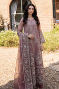 Tea pink organza gown style shirt by NAQSHI with open slit, crystal loop details, heavy embroidery, culotte trousers, and matching dupatta for formal events.