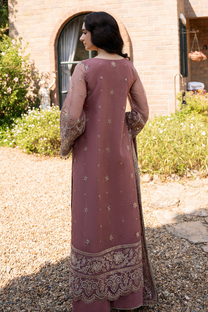 Back view of NAQSHI Zaha tea pink formal outfit showing full embroidered gown style shirt, clean back finish, and elegant organza fall.