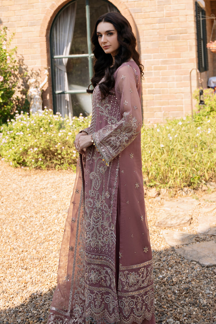 Side view of NAQSHI Zaha tea pink organza outfit highlighting gown style cut, flowing silhouette, and crystal hanging sleeve details.