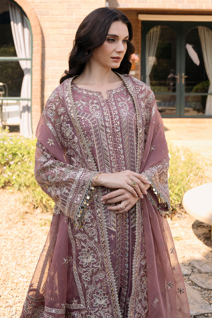 Front view of NAQSHI Zaha tea pink 3PC outfit showing heavy bordered dupatta, floral motifs, and detailed gown style shirt.
