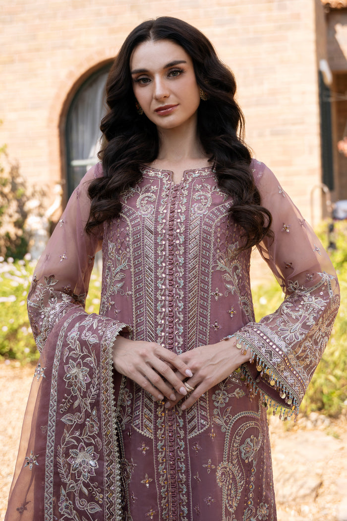 Close front view of NAQSHI Zaha organza shirt highlighting crystal loop slit detail, embroidery, sequins, and Tilla work.