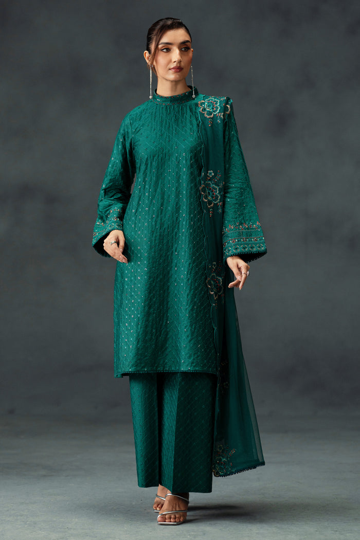 NAQSHI Zahra emerald green ready-to-wear formal 3-piece outfit with embroidered shirt, straight trousers and matching dupatta for weddings and party events