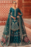 Naqshi Zamurd zinc-grey organza shirt with detailed front embroidery and adda work, paired with Indian raw‑silk sharara and ornate organza dupatta.