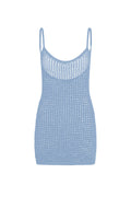 Front view of Zanzibar Dress in Sky Petit Crochet, sheer open-knit mini dress with thin straps on white background