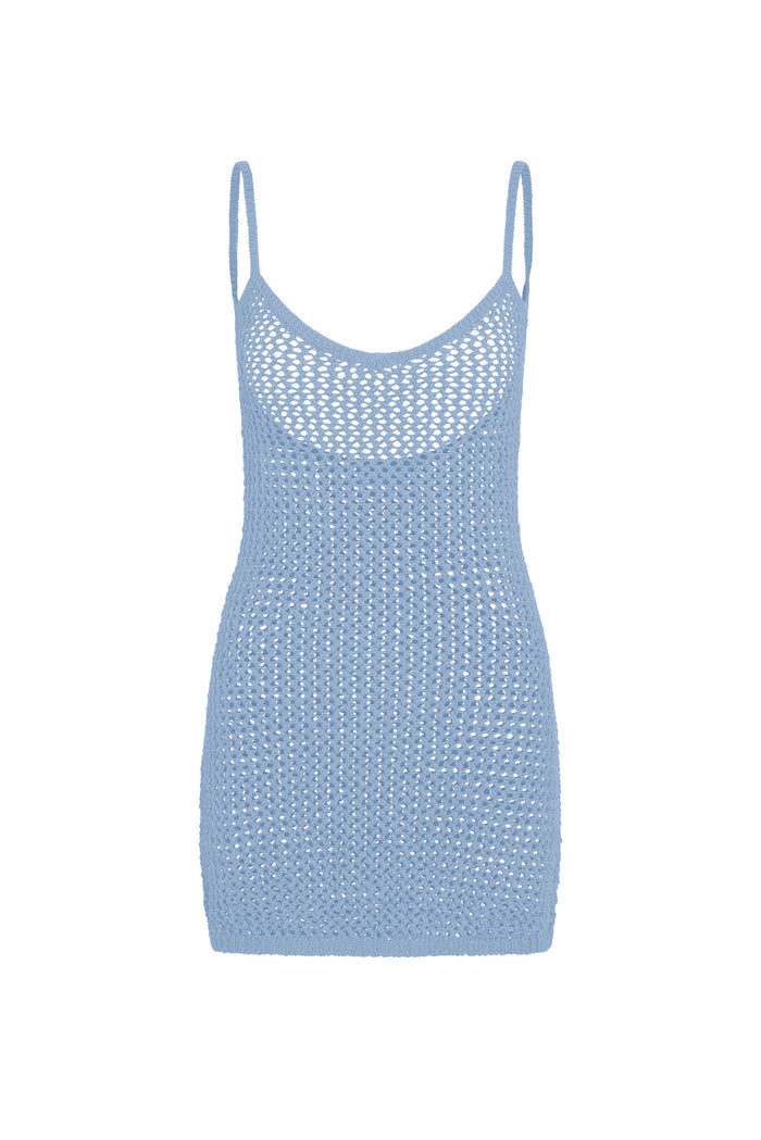 Front view of Zanzibar Dress in Sky Petit Crochet, sheer open-knit mini dress with thin straps on white background