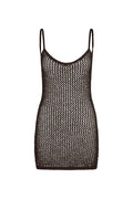 Front view of Zanzibar Mini Dress in espresso petit crochet showcasing open crochet knit and thin straps on white background