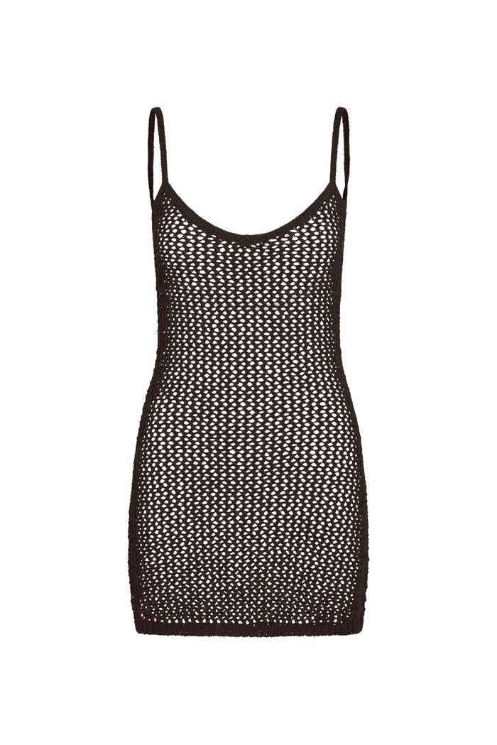 Front view of Zanzibar Mini Dress in espresso petit crochet showcasing open crochet knit and thin straps on white background