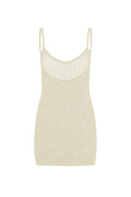 Front view of Zanzibar Mini Dress in ivory petit crochet, fitted open-knit design with thin spaghetti straps on white background