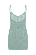 Front view of Zanzibar mini dress in light slate crochet with scoop neckline, thin straps, and open knit on white