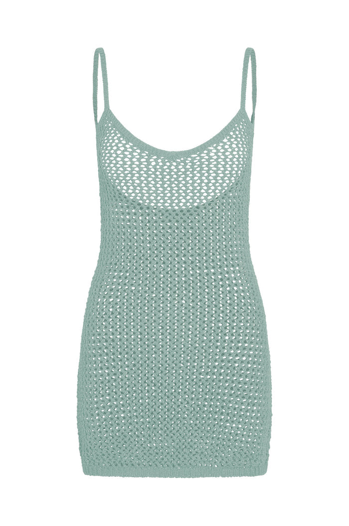Front view of Zanzibar mini dress in light slate crochet with scoop neckline, thin straps, and open knit on white