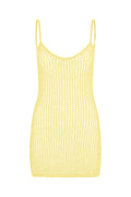 Front view of Zanzibar mini dress showing yellow petit crochet open knit, thin straps, scoop neckline on white background