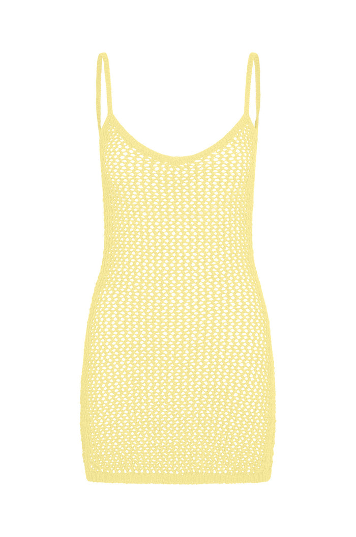 Front view of Zanzibar mini dress showing yellow petit crochet open knit, thin straps, scoop neckline on white background