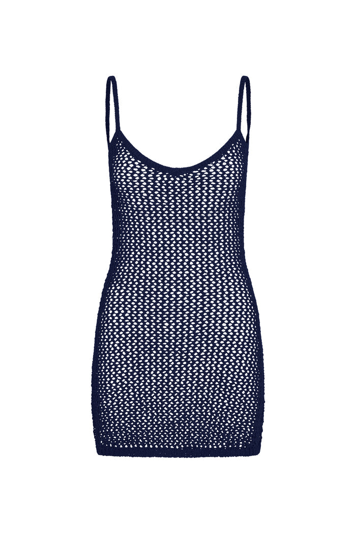 Front view of Zanzibar Mini Dress in midnight showing open petit crochet knit, scoop neckline and thin straps on white background
