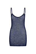 Front view of Zanzibar Mini Dress in midnight showing open petit crochet knit, scoop neckline and thin straps on white background
