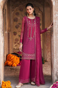 Woman in a traditional pink embroidered outfit standing in an ornate doorway.
