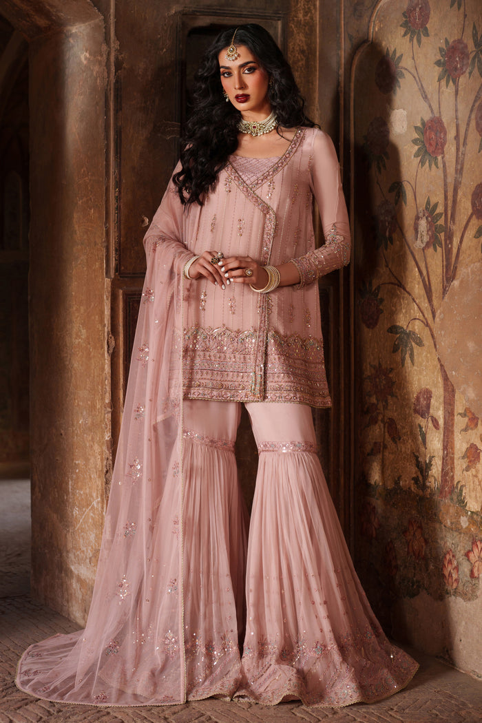Woman in a traditional pink embroidered outfit standing against an ornate wall.