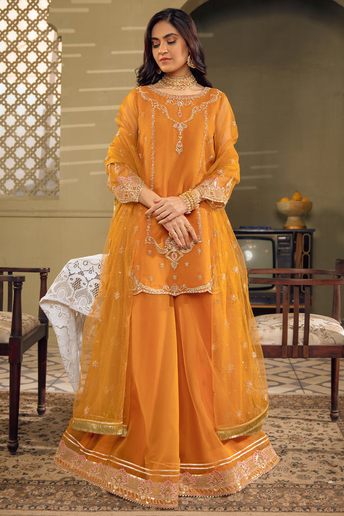 NAQSHI Zaryaab mustard orange ready-to-wear organza outfit with short shirt, sharara, and net dupatta for festive occasions