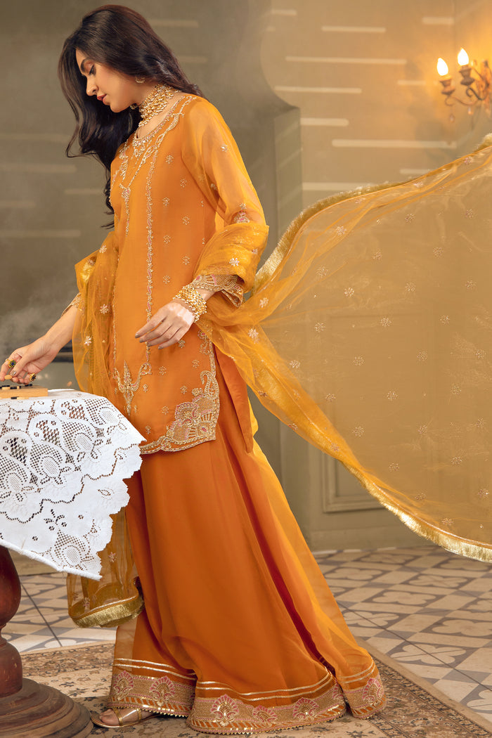 Side angle of NAQSHI Zaryaab outfit highlighting organza sharara movement, soft drape, and graceful silhouette