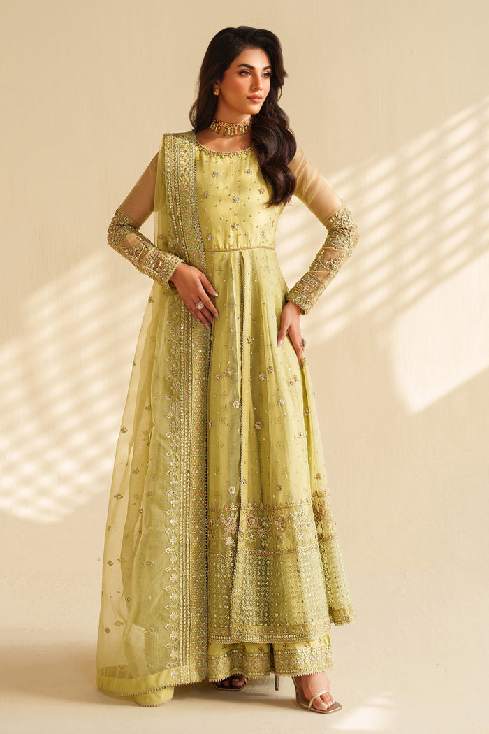 Full front view of NAQSHI sage green formal ready-to-wear outfit showing long flowy cut and complete stitched event look