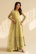 Full front view of NAQSHI sage green formal ready-to-wear outfit showing long flowy cut and complete stitched event look