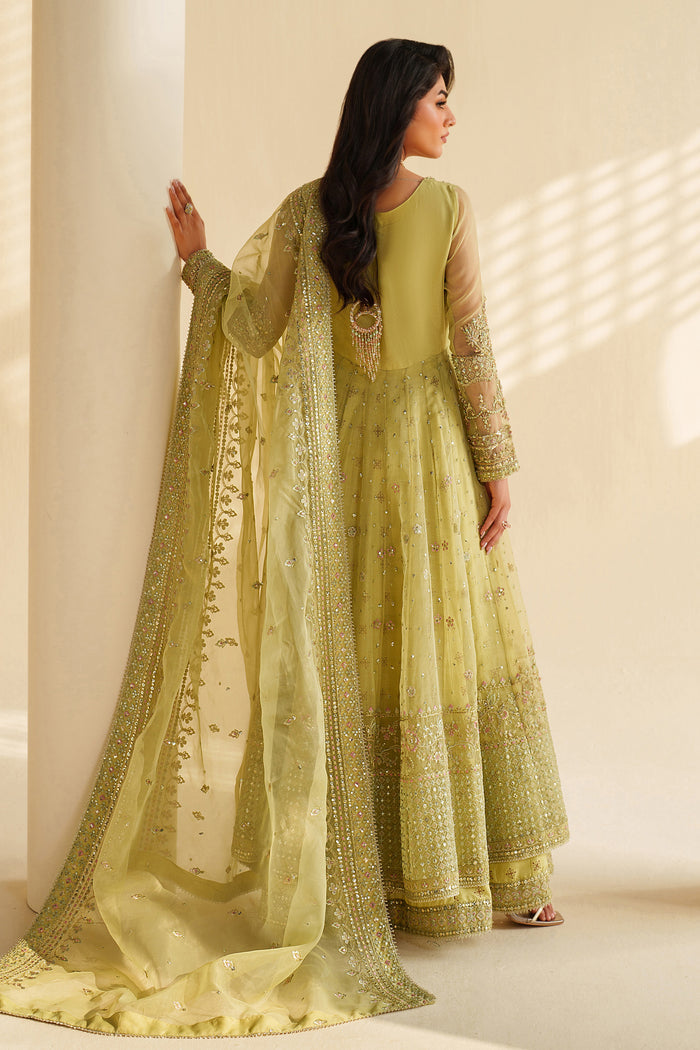 Side and back view of NAQSHI sage green formal dress highlighting graceful fall, dupatta drape, and occasion-ready design