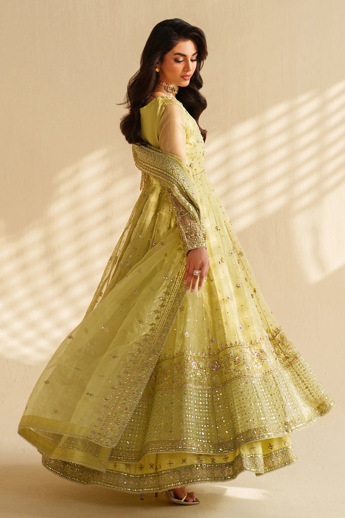 NAQSHI sage green ready-to-wear formal dress shown in motion, displaying wide flare and elegant party wear styling