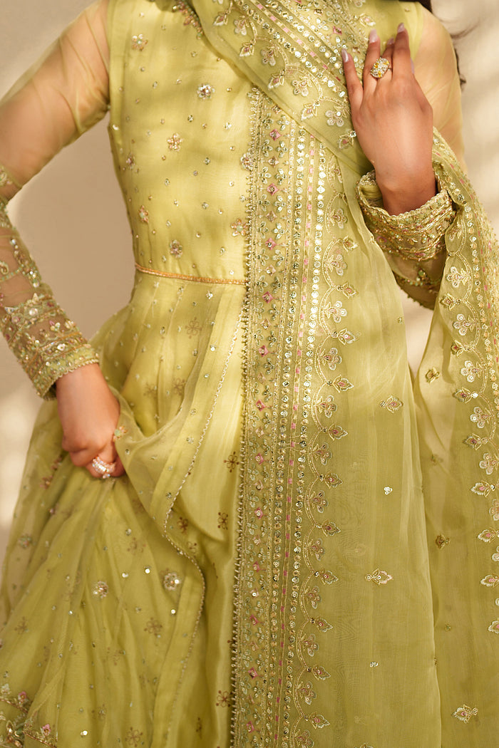 Close-up of NAQSHI sage green formal dress showing delicate embroidery, sheer sleeves, and premium fabric finish