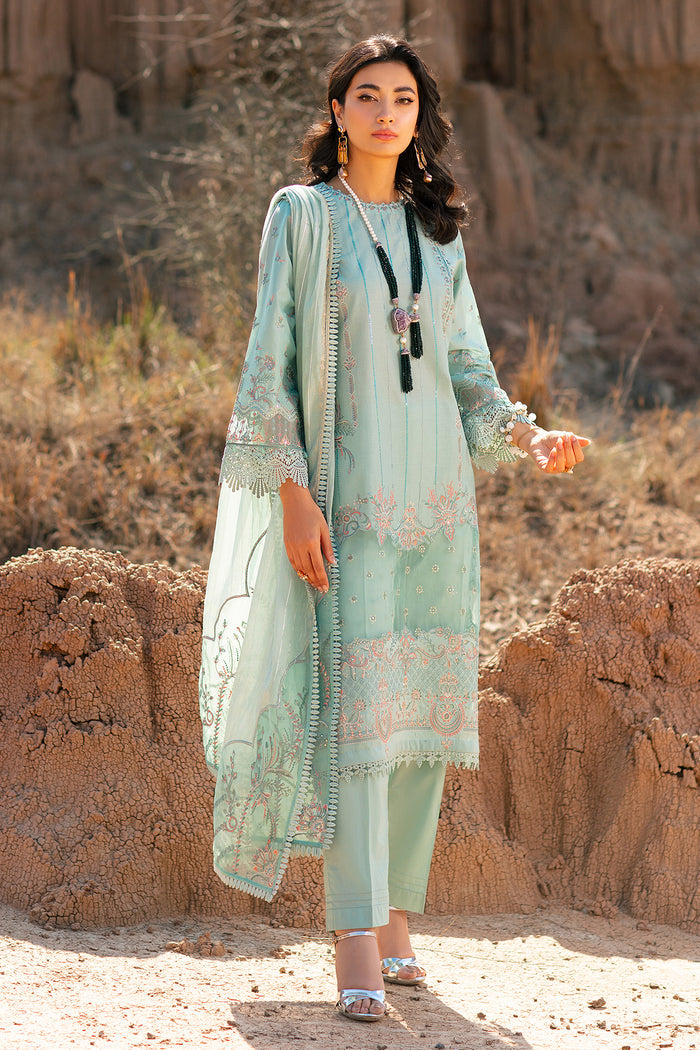 NAQSHI Zenaria aqua 3PC ready to wear embroidered lawn suit with straight shirt, cambric trousers and line cotton organza dupatta for semi formal events
