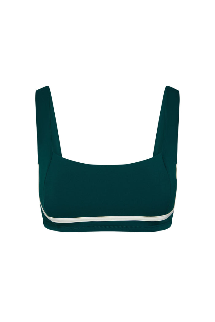 Front view of Zion Bra in evergreen with ivory contrast band showcasing square neckline and wide straps on white background
